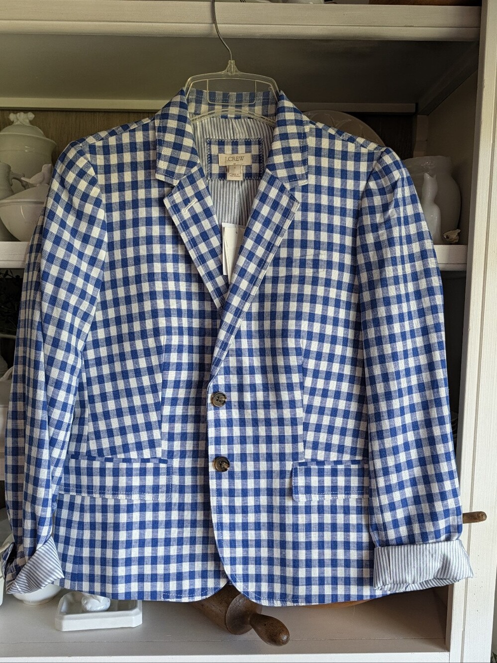 J.Crew Factory Gingham Schoolboy Linen Blazer Blue White Size 8 NWT